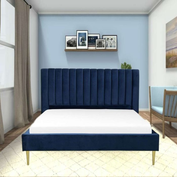 Blue Channel Tufted Velvet Bed