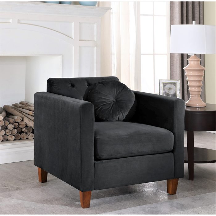 The perfect piece to reflect your regal tastes, this classic loveseat anchors your seating ensemble in timeless appeal. Crafted from wood, this dapper design strikes an updated, clean-lined silhouette with tight square arms and wood tapered feet.