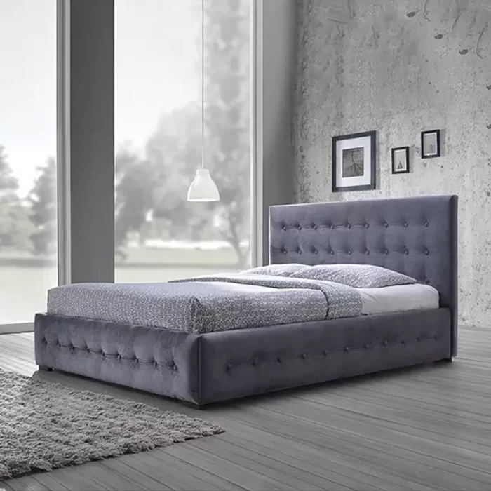 Contemporary Button Tufted Grey Velvet Bed set