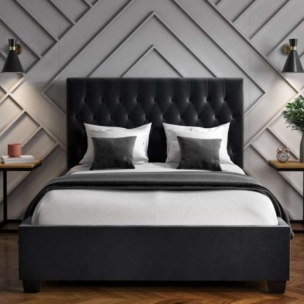 Dark Grey Velvet Double Ottoman Bed with Chesterfield Headboard