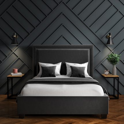 Dark Grey Velvet King Size Ottoman Bed with Studded Headboard
