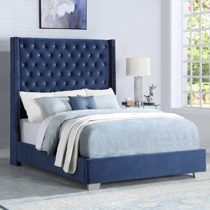 Diamond tufted wall panel bed in dark blue
