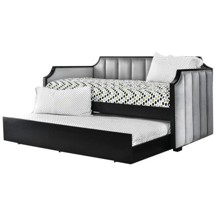 Fabric Upholstered Wooden Daybed with Vertical Tufting, Gray and Black