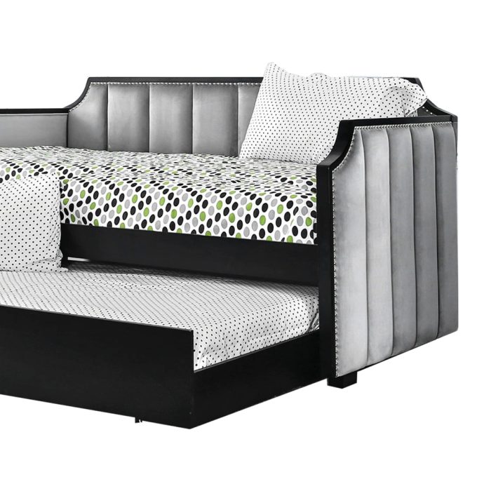 Fabric Upholstered Wooden Daybed with Vertical Tufting, Gray and Black