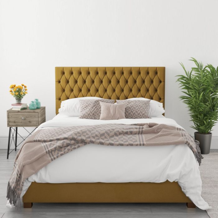 Fatima Angel King Size Ottoman Bed in Deep Mustard Velvet