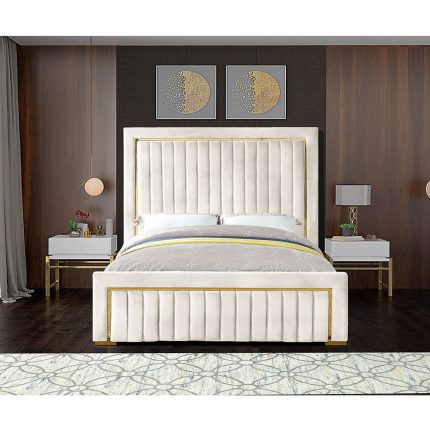 Gold trim high headboard velvet upholstery king bed