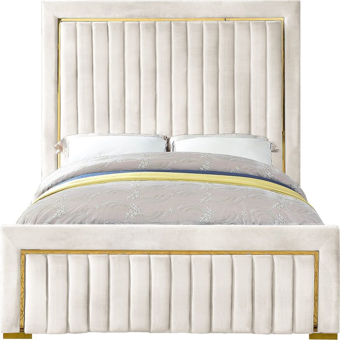 Gold trim high headboard velvet upholstery king bed