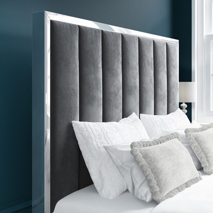 Grey Velvet Double Ottoman Bed with Tall Headboard