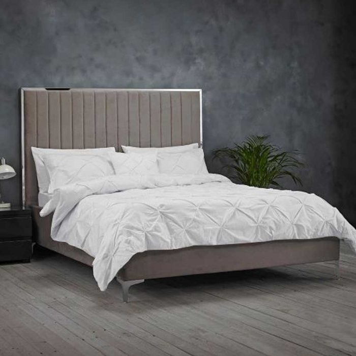 Grey Velvet King Size Bed Frame with Mirrored Headboard