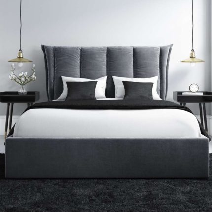 Grey Velvet King Size Ottoman Bed with Cushioned Headboard