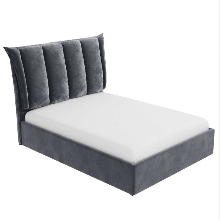 Grey Velvet King Size Ottoman Bed with Cushioned Headboard