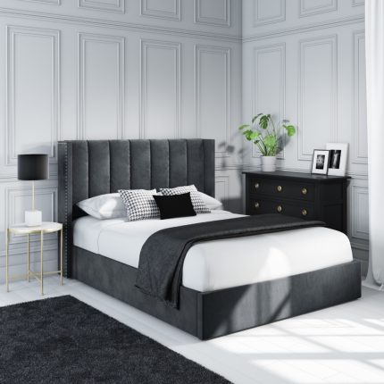 Grey Velvet Small Double Ottoman Bed with Winged Headboard
