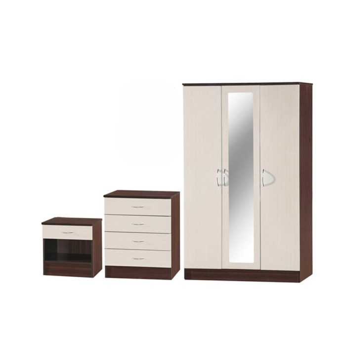 Mirrored Door 3-Piece Wardrobe Set in Walnut