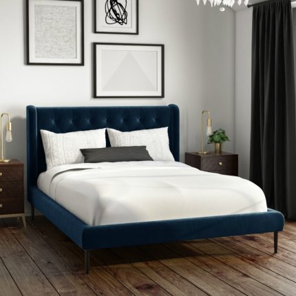 Navy Velvet Small Double Bed Frame with Winged Headboard