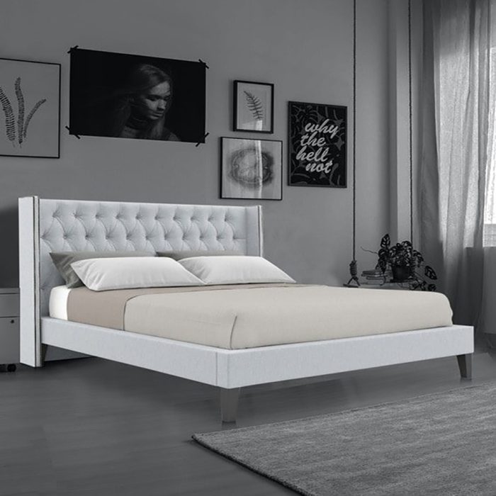 Noa Queen size Upholstered Bed in Light Grey Colour