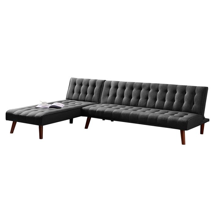 Reversible Sectional Sofa Sleeper Black Fabric With Wood Legs