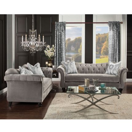 Royal style tufted sofa in light mocha fabric