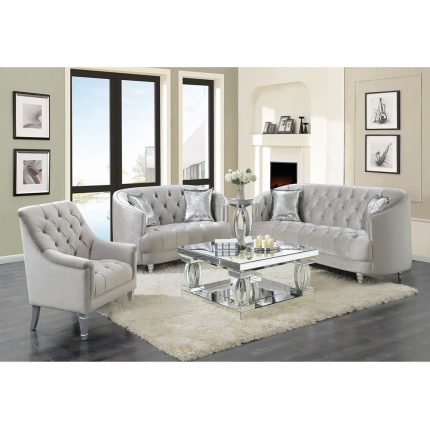 Traditional gray fabric tufted curved back sofa