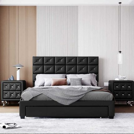 Queen Size Upholstered Platform Bed with Two Wireless Chargers