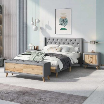 Fatima furniture platform bed with two nightstands and bench in full size available in a wide range of colors