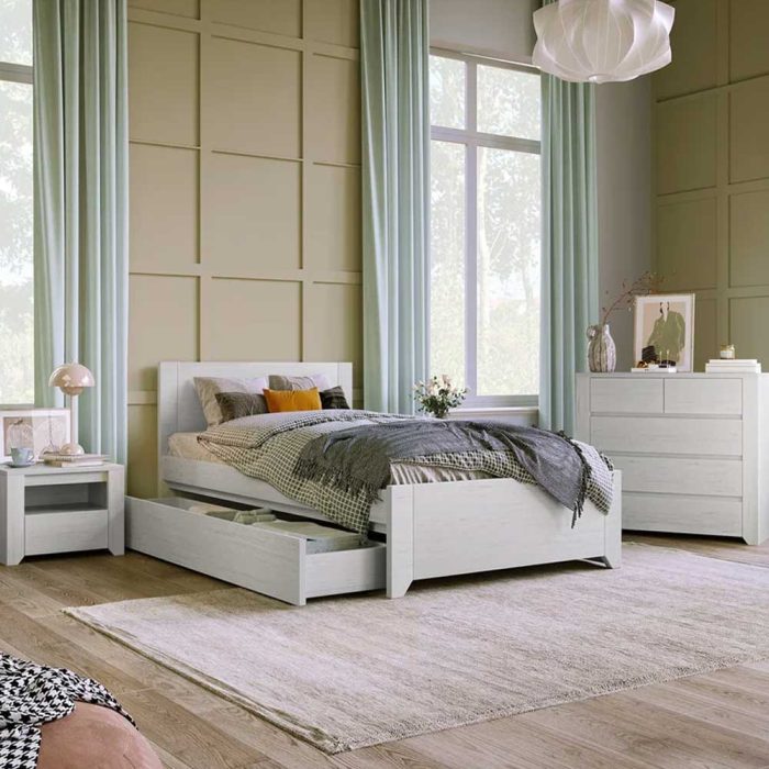 This three-piece off-white bedroom set is the perfect addition to any home. The set includes a twin-size bed