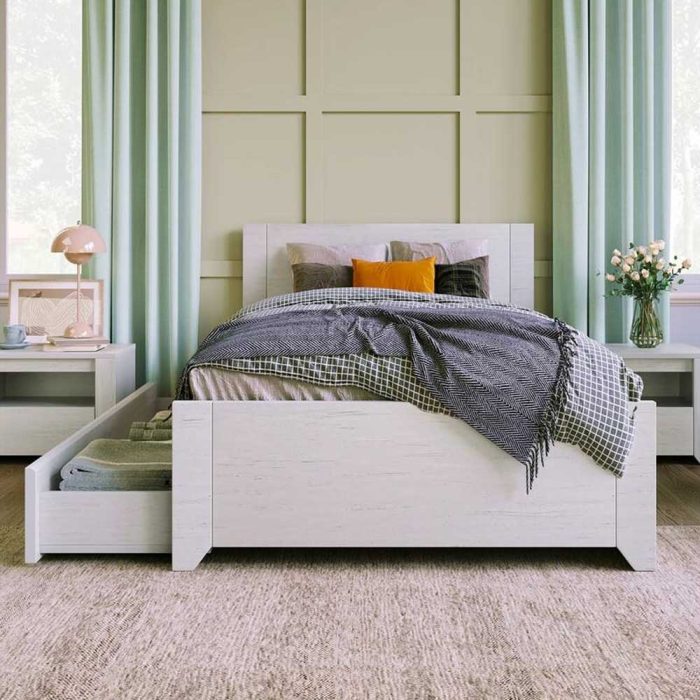 The bed features a headboard, footboard, and side rails for added stability, while the nightstand and chest both feature two drawers for storage.